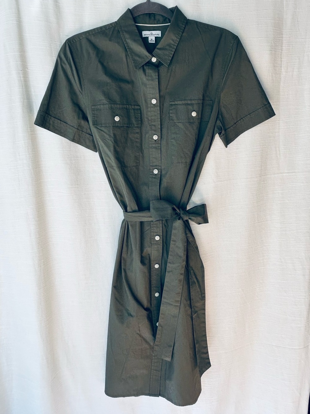 LL Bean Signature Olive Green Short-Sleeve Classic Shirt Dress with Tie Waist